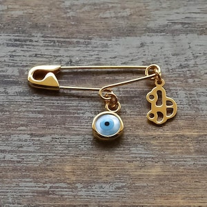 18K Gold Evil Eye Safety Pin Brooch Birth Announcement Baptism Baby Gift Pin Baby Shower Gift  Baby Boy Pin