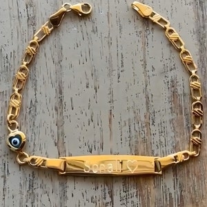 Bracelet personnalisé pour carte d'identité de bébé en argent, baptême, bénédiction de bébé, cadeau de naissance, bracelet mauvais œil de bébé pour baby shower, bracelet gravé pour carte d'identité de bébé en plaqué or