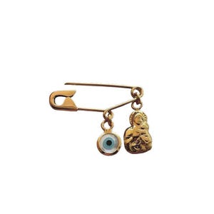 Sterling Silver Mary And Child Baby Pin Evil Eye Religious Greek Brooch Gift For Baby Gold Plated