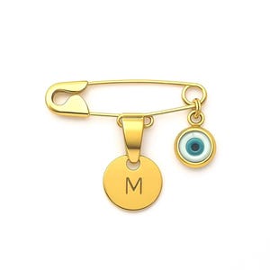 Gold Evil Eye Safety Pin Baby Shower Gift Baby Safety Pin Brooch Birth Anouncement Safety Pin Protection Gift Baptism Brooch 9K 14K 18K