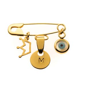 18K Gold Personalized Baby Pin: Evil Eye Charm Brooch
