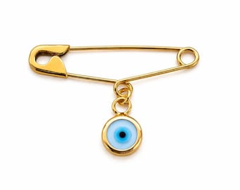 Sterling Silver Evil Eye Safety Pin Brooch for Newborns - Protective Talisman Jewelry