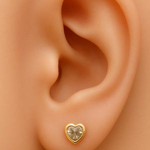 9K 14K Gold Heart Stud Earrings: Cubic Zirconia Dainty Love Earrings