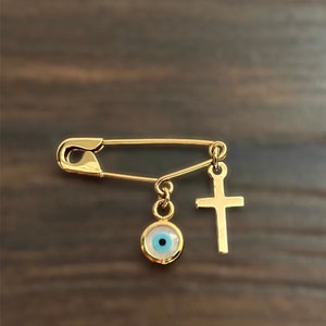 Gold Evil Eye Safety Pin Cross Protection Baptism Brooch Birth Announcement Gift For Baby Shower in 9K 14K 18K