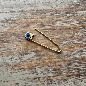 Safety Pin Evil Eye Baby Brooch Sterling Silver – Protection Nazar Jewelry 1.25”