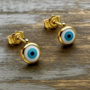 14K gold evil eye earrings, gold stud earrings , gold evil eye studs, gold protection earrings, gift for her