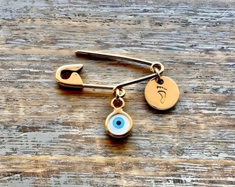 Gold Evil Eye Safety Pin Baby Feet Brooch Birth Announcement  Baby Gift Pin Baby Shower Gift  9K 14K 18K