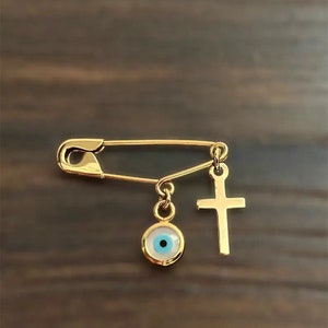 Silver Evil Eye Safety Pin Cross Brooch Baby Shower Gift Baptism Birth Announcement Evil Eye Protection Baby Shower Gift Pin Gold Plated