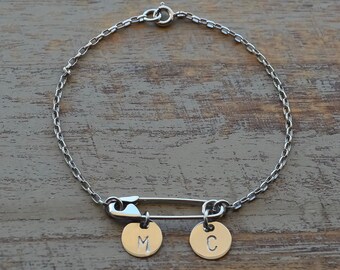 Personalized Sterling Silver Safety Pin Initial Bracelet:Edgy Punk Goth Jewellery