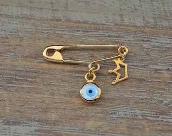 Silver Evil Eye Safety Pin Crown Brooch Baby Shower Gift Baptism Birth Announcement Evil Eye Protection Baby Gift Pin Gold Plated