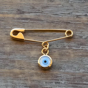 Gold Evil Eye Safety Pin Brooch Birth Announcement Baptism Baby Gift Pin Baby Shower Gift  Children Gift 9K 14K 18K | 1''
