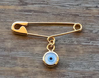 Gold Evil Eye Safety Pin Brooch Birth Announcement Baptism Baby Gift Pin Baby Shower Gift  Children Gift 9K 14K 18K | 1&#39;&#39;