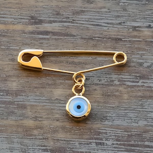 18K Gold Evil Eye Safety Pin Brooch Birth Announcement Baptism Baby Gift Pin Baby Shower Gift  Children Gift 1&#39;&#39;