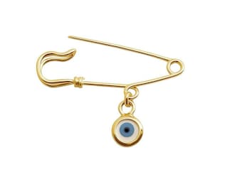 Gold Evil Eye Safety Pin Brooch: Protective Baby Charm For Baptism