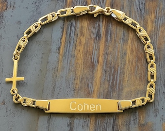 Personalized Silver Baby Name Bracelet With Cross  – Religious Charm & Engraved Plate Jewellery