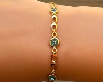 Sterling Silver Evil Eye Bracelet: Handmade Protection Jewelry Gold Plated