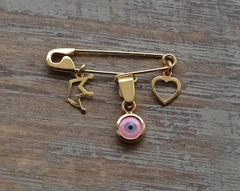 Or Bébé Cadeau Pin Evil Eye Safety Pin Crown Broche Birth Announcement Baptême Baby Girl Shower Good Luck Heart Safety Pin 9K 14K 18K