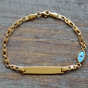 Carte d'identité personnalisée pour bébé, bracelet mauvais œil, bracelet prénom personnalisé, bijoux pour bébé, bracelet petit garçon, cadeau pour bébé, or 9 carats, 14 carats