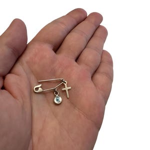 14K White Gold Evil Eye Safety Pin Cross Brooch