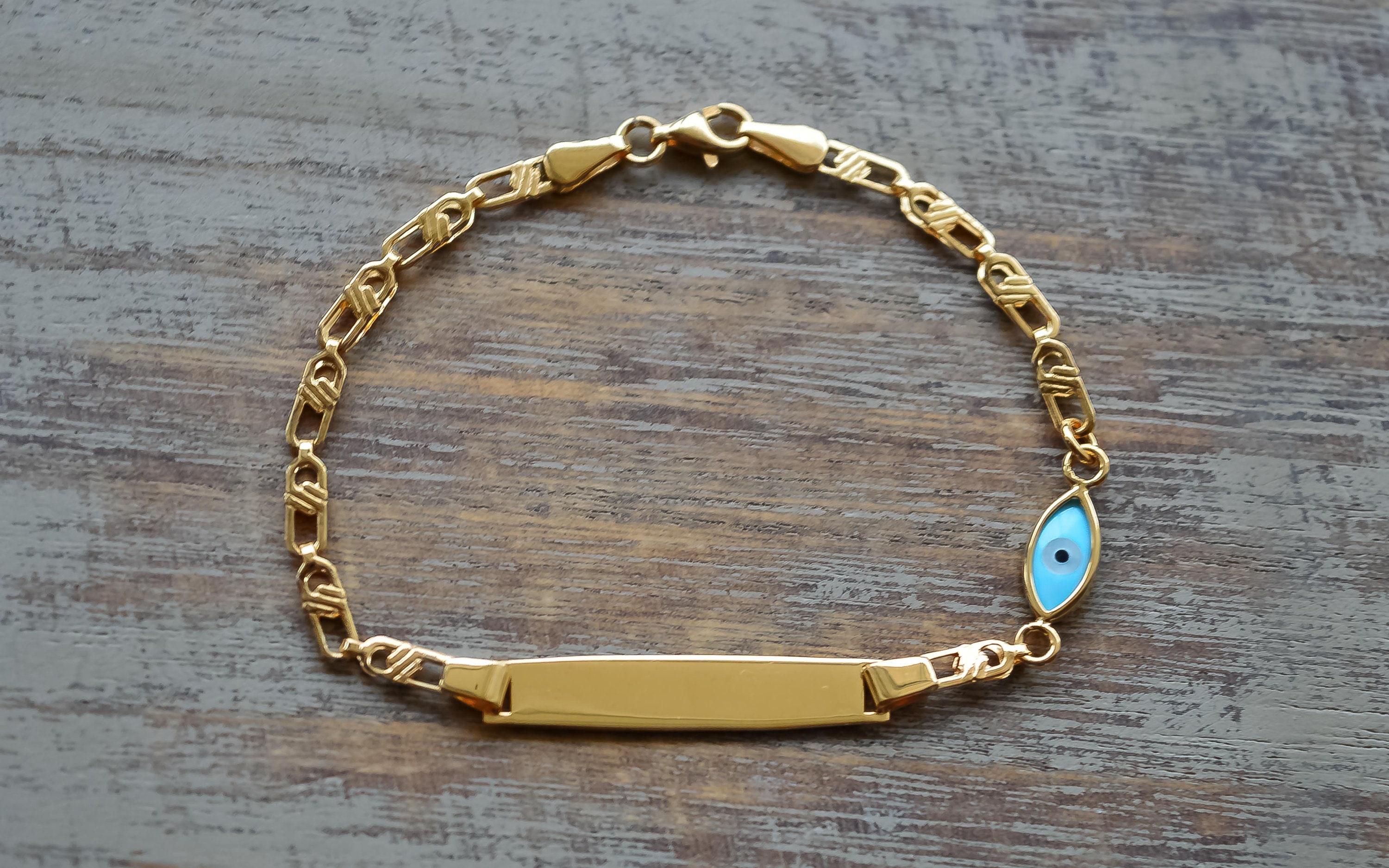 Personalized Baby ID Bracelet: Gold Plated Sterling Silver, Evil Eye