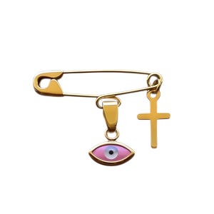 Gold Baby Safety Pin Brooch with Pink Evil Eye & Cross Charm – Solid Gold Baptism Gift, Newborn Baby Girl Pin, Greek Baby Protection Jewelry