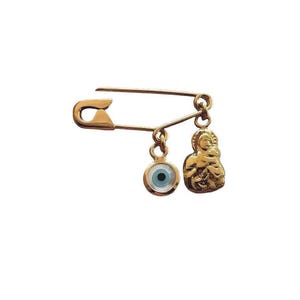 Gold Safety Pin Mary And Child Baby Evil Eye Brooch Protection Baptism Gift For Baby Shower in 9K/14K
