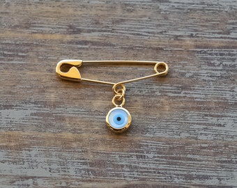 Sydney Grand Bazaar Gold Colour Lucky Blue Evil Eye Glass Protection Safety Pin Brooch For Baby – Unisex, New