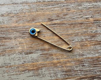 Gold Evil Eye Safety Pin Baby Brooch – Protection Nazar Jewelry 1.25”