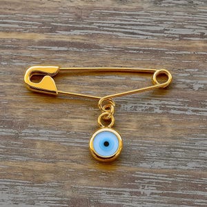 Sterling Silver Evil Eye Safety Pin Brooch Baby Shower Gift Baptism Birth Announcement Evil Eye Protection Baby Gift Pin Gold Plated 1&#39;&#39;