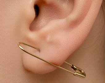 Sterling Silver Safety Pin Hoop Earring: Punk Minimalist Jewelry 1.25''