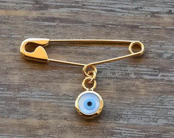 Sterling Silver Evil Eye Safety Pin Brooch Baby Shower Gift Baptism Birth Announcement Evil Eye Protection Baby Gift Pin Gold Plated 1''