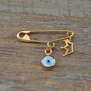 Evil Eye Pin Gold Evil Eye Safety Pin Brooch Birth Announcement Baptism Baby Girl Shower Gift Pin Good Luck Christening Shower 9K 14K 18K