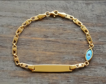 Personalized Silver Baby Name Bracelet – Nazar Protection Charm & Engraved Plate Jewellery Gold Plated