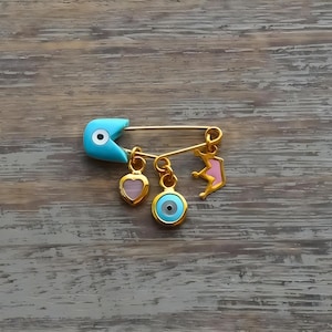 Gold Evil Eye Safety Pin Brooch Baby Shower Gift Birth Anouncement Baby Gift Pin Protection For Baby Girl Heart Charm Greek Mati Safety Pin