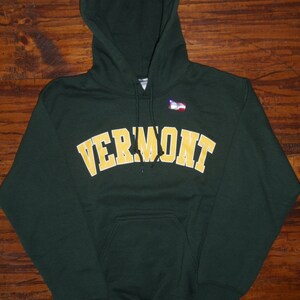 Vermont Hooded Sweatshirt on Forest Green Hoodie With Gold White