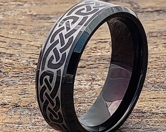 Tungsten ring, black tungsten ring, celtic wedding band, flat wedding band, mens celtic ring, mens tungsten ring, knot black wedding band