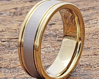 Anillo de tungsteno dorado, anillos dorados para hombre, alianza de compromiso para hombre, alianza de boda para hombre