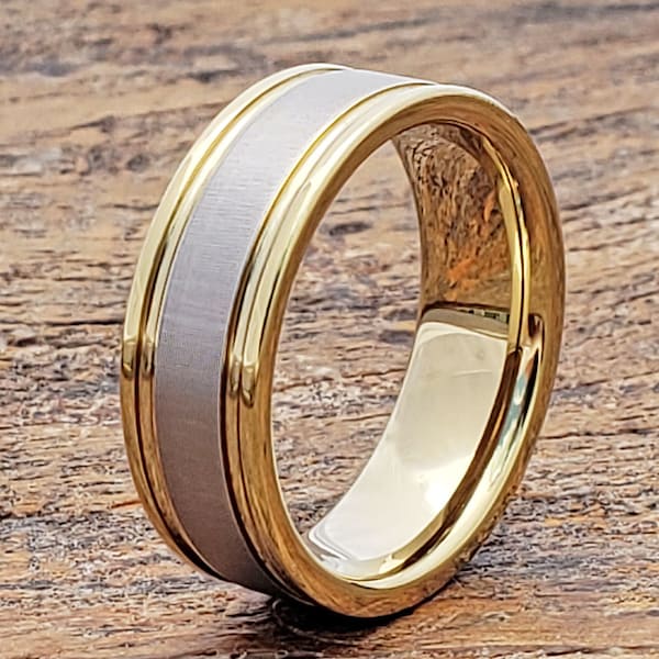 Anillo de tungsteno, banda de bodas para hombres, anillo de tungsteno de oro, anillo de oro plano, anillo de tungsteno para hombres, banda de tungsteno, banda de compromiso para hombres, anillo de tungsteno