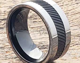 Men's tungsten ring, men's wedding band, black tungsten ring, carved ring, mens gift, simple wedding band, black wedding band, rings for men