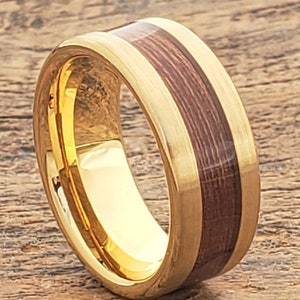 Matte gold ring, men&#39;s engagement band, personalized ring, inlay ring, gold wedding band, gold wedding ring, gold tungsten ring, wooden band