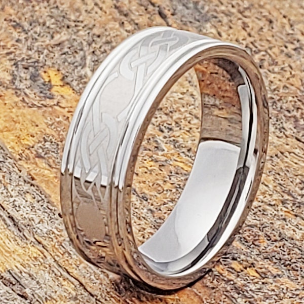 Celtic Knot Tungsten Ring, Mens Wedding Band, Grooved Polished Finish