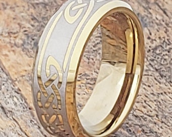 Gold Tungsten Celtic Wedding Band Ring, 8mm Comfort Fit
