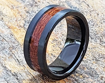 Mens tungsten ring, mens wedding band, flat wedding band, brushed ring, black wedding band, wood ring, wooden wedding band, matte black ring