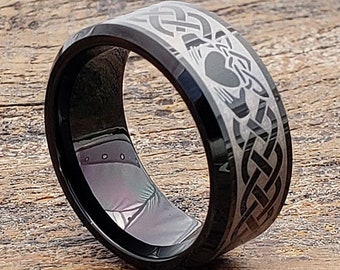 Black Claddagh Ring, Claddagh Wedding Band, Celtic Knot Claddagh Ring, Black Tungsten Celtic Ring, Tungsten Ring, Celtic Black Promise Ring