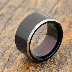 Black Tungsten Ring, Silver Edge, Flat Wedding Band image 11