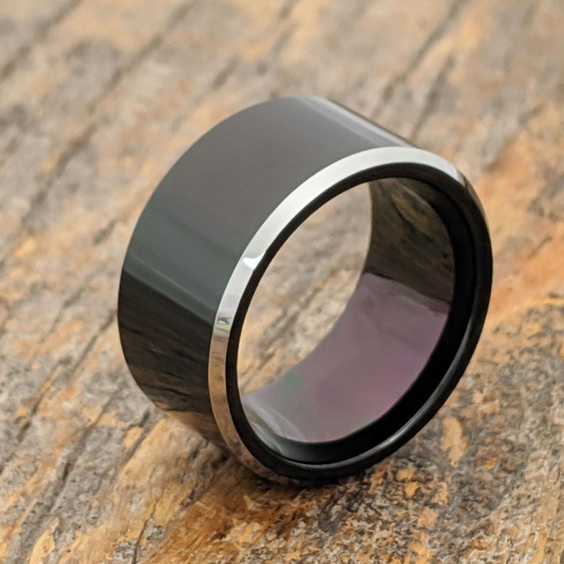 Black Tungsten Ring, Silver Edge, Flat Wedding Band image 11