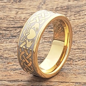 Mens tungsten ring, gold tungsten ring, simple gold band, celtic claddagh ring, brushed ring, gold wedding band, gold celtic rings for men