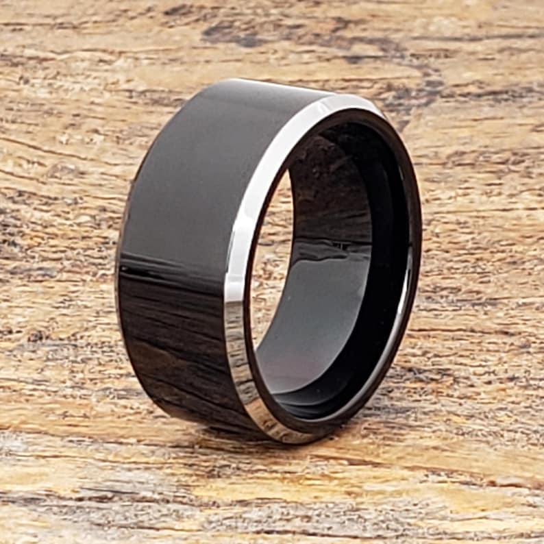Black Tungsten Ring, Silver Edge, Flat Wedding Band image 12