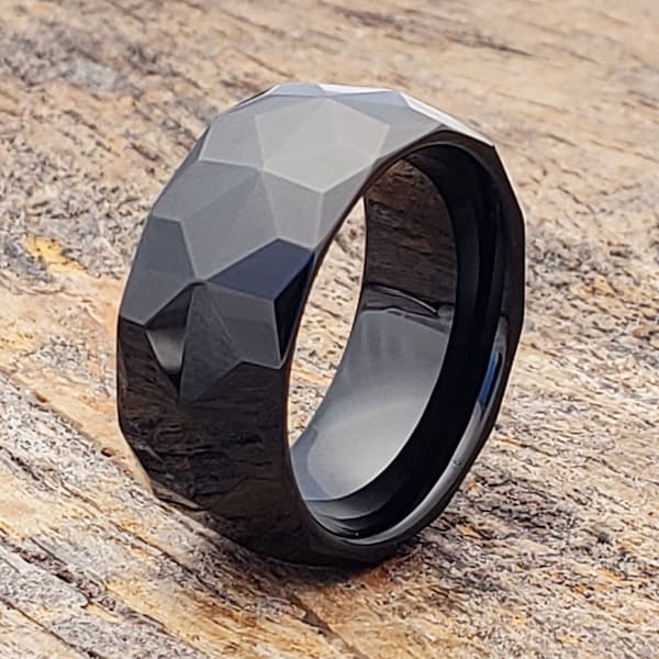 Faceted Black Tungsten Ring, Mens Wedding Band, Polished Finish