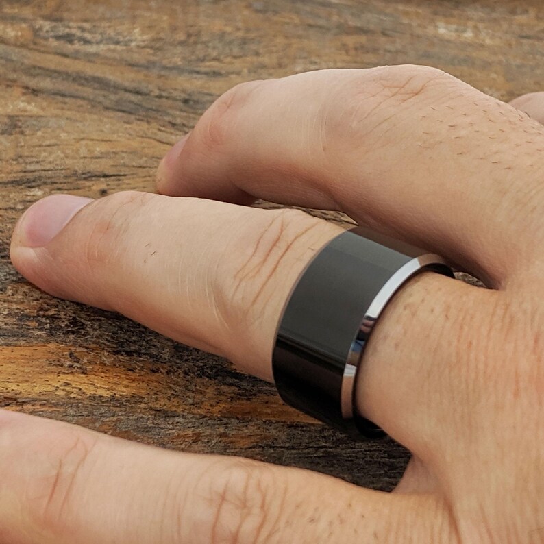 Black Tungsten Ring, Silver Edge, Flat Wedding Band image 6